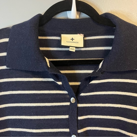 Tuckernuck Sweater Navy & White Striped Clayton 3/4 Sleeve Knit Polo Sz XS/S GUC - Picture 5 of 12